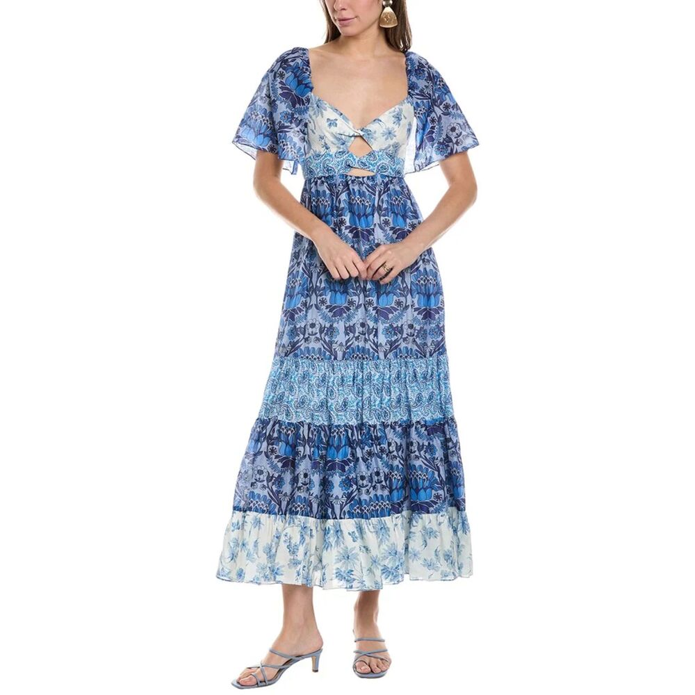 SANDRO Linen‎ Blend Patterned Midi Dress Blue Sz 38